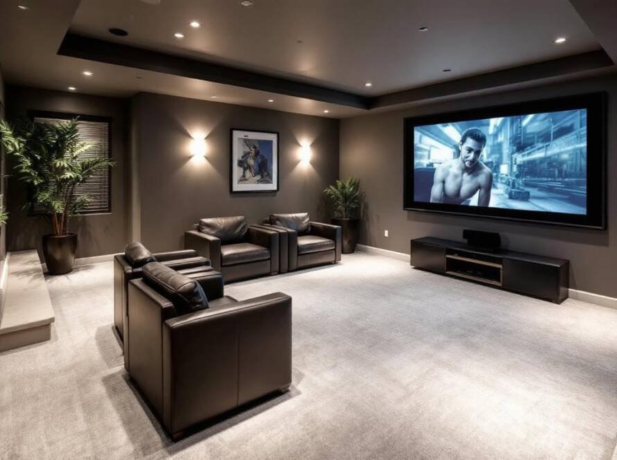 An image showcasing the interior of a renovated basement in Boston with a modern and contemporary design.