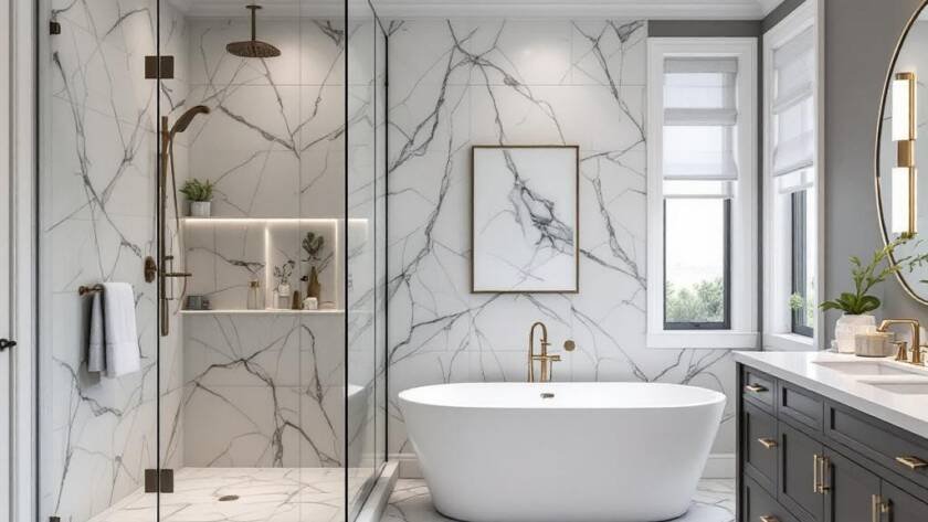 A renovated, modern Boston bathroom with a contemporary design.