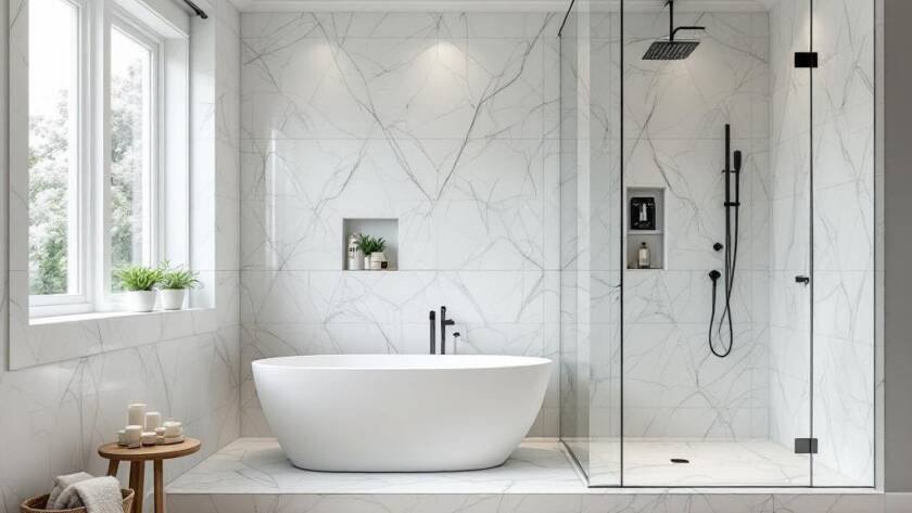 Renovated Boston bathroom with a modern, contemporary design.