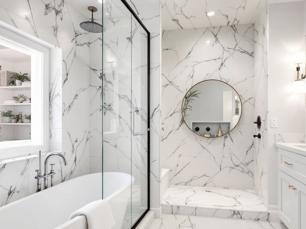 A picture detailing a completed Boston bathroom renovation starting from scratch.