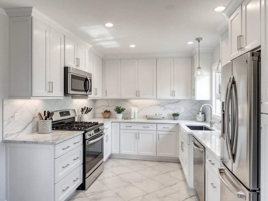 Panoramic view of a newly-renovated Boston kitchen.
